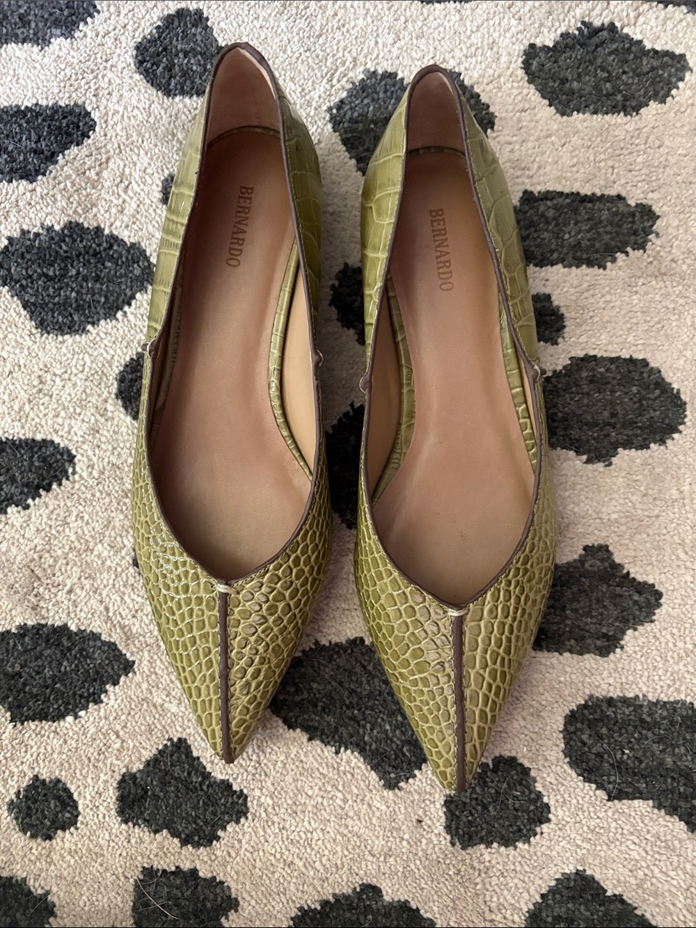 Bernardo Olive Croc-Embossed Pointed Toe Flats